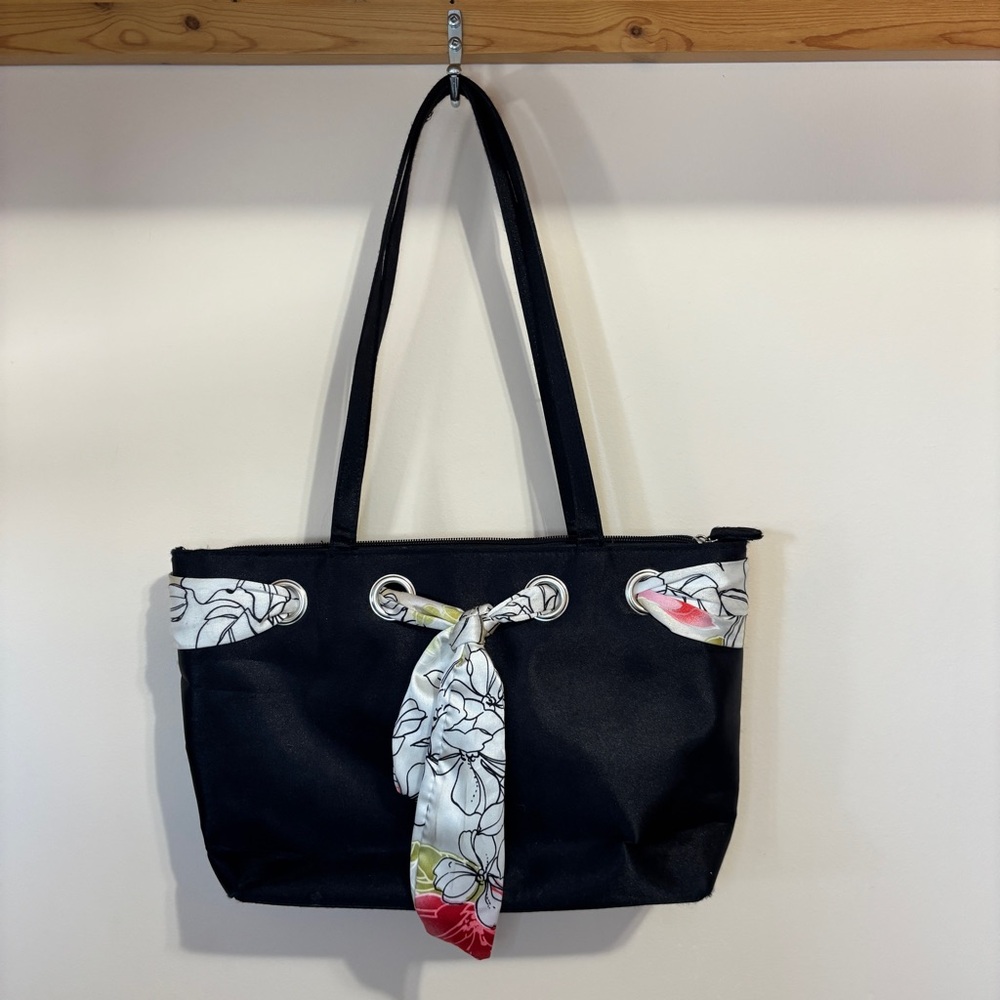 Shoulder Tote with Floral Scarf Accent Handkerchief Detail Coastal Vibes